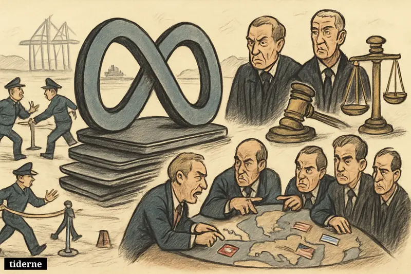 A Meta monument towers over police, judges, diplomats, and dockside investigators in a tense scene about law, crime, foreign pressure, and Greenland.