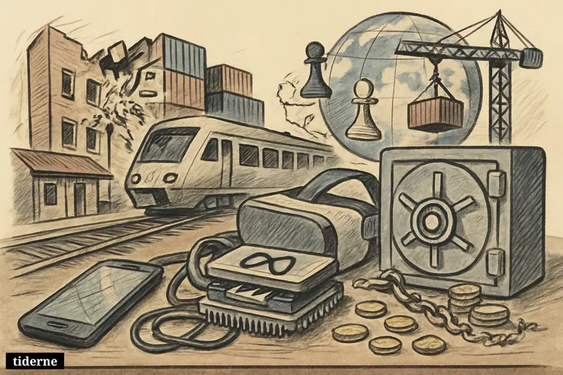 A caricature newsroom tableau with broken tech, bank symbols, a damaged train, an exploded building, cargo containers, and global tension motifs.