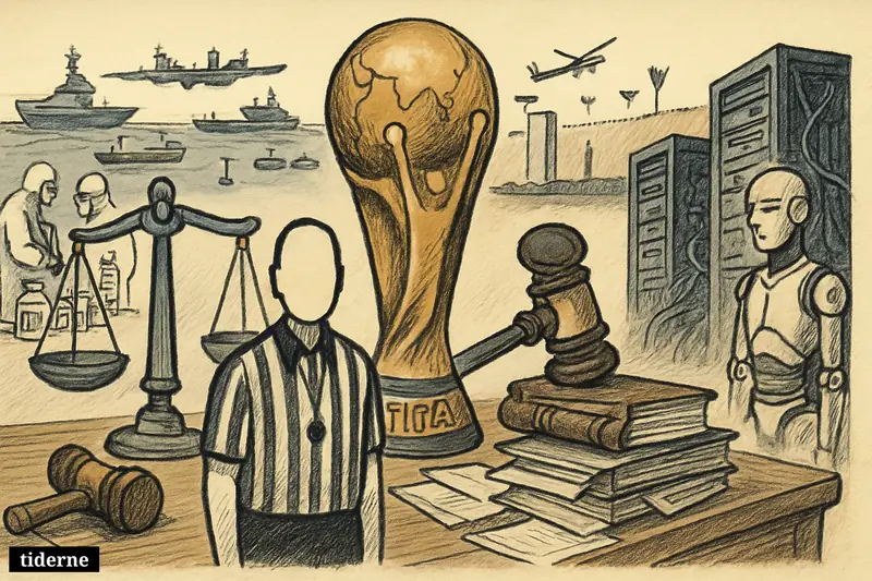 A courtroom caricature centers on FIFA symbols, surrounded by legal props, warships, investigators, medical items, and looming AI machines.
