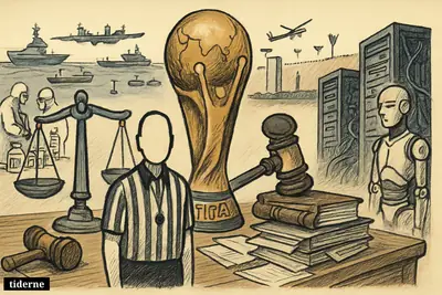 A courtroom caricature centers on FIFA symbols, surrounded by legal props, warships, investigators, medical items, and looming AI machines.