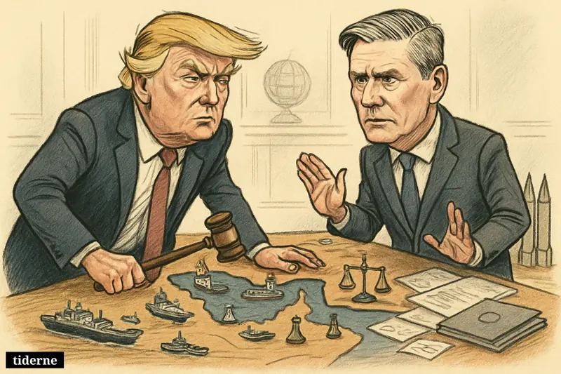 Caricature of Donald Trump and Keir Starmer facing off over a Hormuz strategy table with legal, election, and conflict symbols.