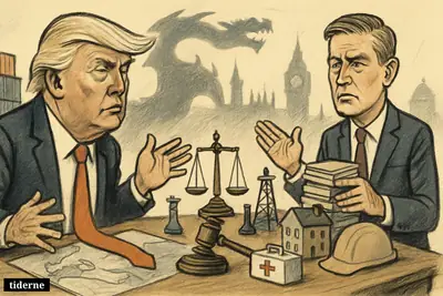 Caricatures of Donald Trump and Keir Starmer at a diplomatic table with geopolitical props, housing papers, infrastructure symbols, and tense international imagery.