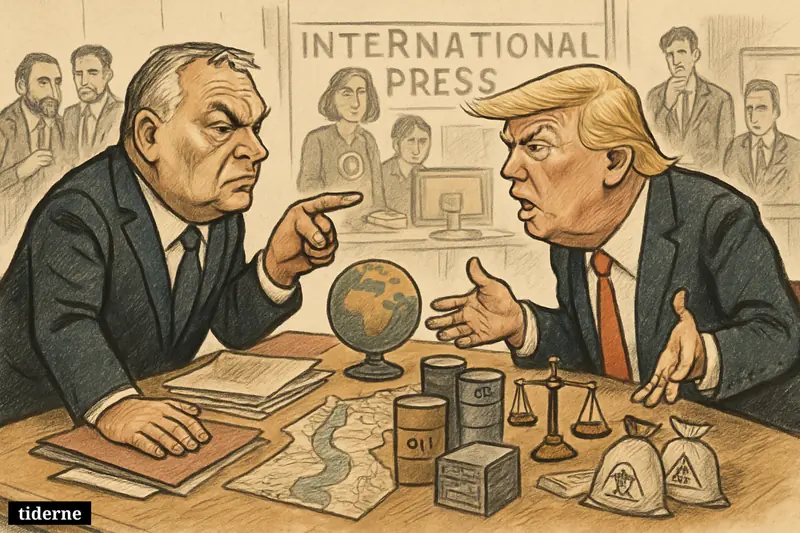 Caricature of Viktor Orbán and Donald Trump arguing at a crisis table surrounded by props referencing Gaza, Hormuz, data leaks, asbestos, and youth services.