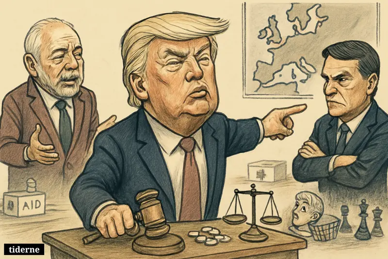 Trump at a desk with legal props, facing Lula and Bolsonaro, while background objects suggest Gaza, Europe, colonial history, and crime.