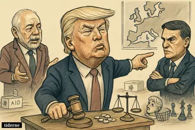Trump at a desk with legal props, facing Lula and Bolsonaro, while background objects suggest Gaza, Europe, colonial history, and crime.