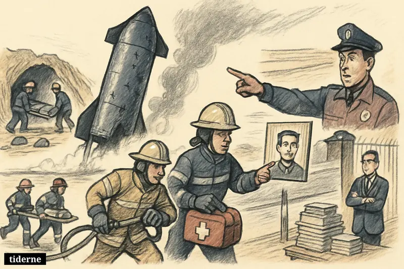 A damaged rocket looms over emergency crews, police search activity, mine rescue workers, and a tense border-policy vignette in one connected scene.
