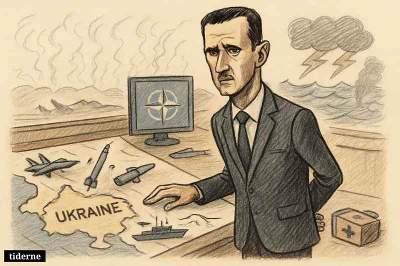 Bashar al-Assad stands over a war table showing Ukraine and the Baltic Sea, surrounded by military and climate crisis symbols.