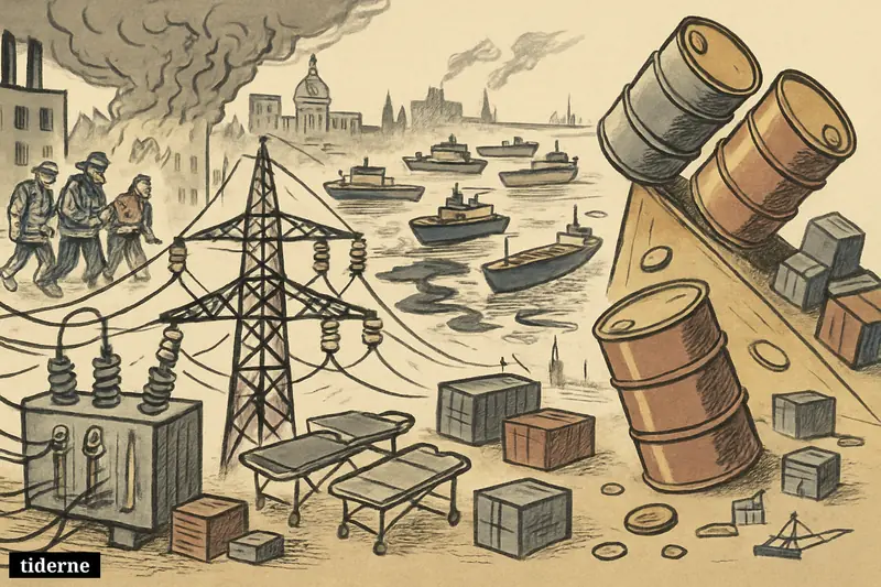 A wide caricature scene shows fragile power infrastructure, stressed oil shipping at Hormuz, rising energy costs, and firefighters near a damaged city block.