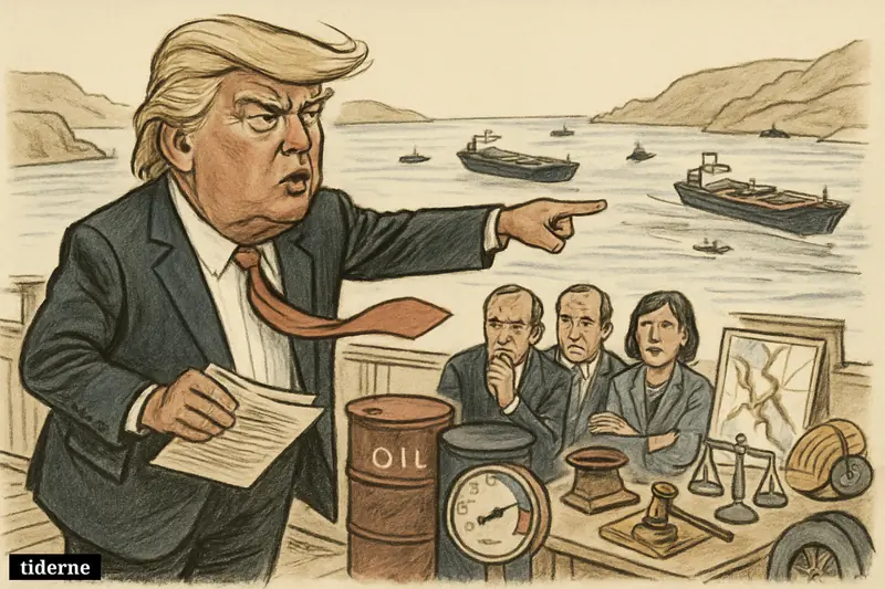 Donald Trump caricature on a command deck overlooking Hormuz, with oil symbols, tankers, aides, and emergency props suggesting political and economic tension.