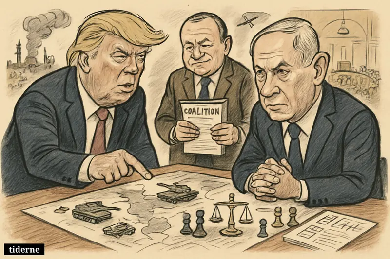 Trump, Netanyahu, and Lars Løkke Rasmussen caricatures stand around a war-room table with maps, drones, chess pieces, ballots, and medical charts.