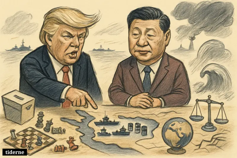 Caricature of Donald Trump and Xi Jinping over a Hormuz map table with warships, oil barrels, disasters, and geopolitical props.