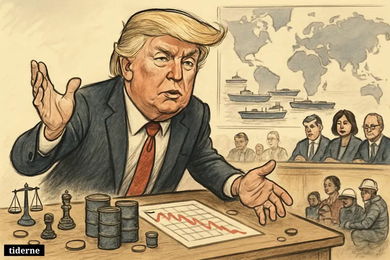 Caricature of Donald Trump dominating a negotiation table with oil barrels, tankers, diplomats, and crisis scenes suggesting global political and market turmoil.