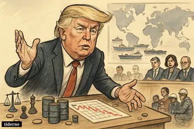 Caricature of Donald Trump dominating a negotiation table with oil barrels, tankers, diplomats, and crisis scenes suggesting global political and market turmoil.