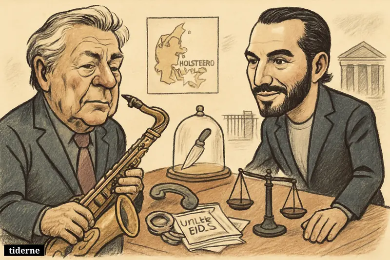Caricatures of Jesper Thilo and Nayib Bukele face each other across a table of crime, justice, energy bill, and scam-related symbols.