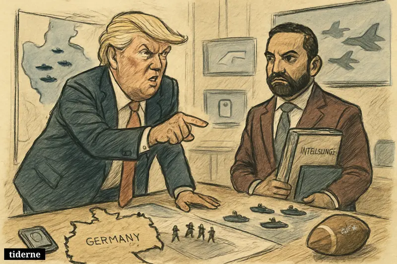 Caricatures of Donald Trump and Kash Patel in a tense briefing room with maps, warships, troop withdrawal models, and subtle symbols of other headlines.