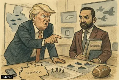 Caricatures of Donald Trump and Kash Patel in a tense briefing room with maps, warships, troop withdrawal models, and subtle symbols of other headlines.