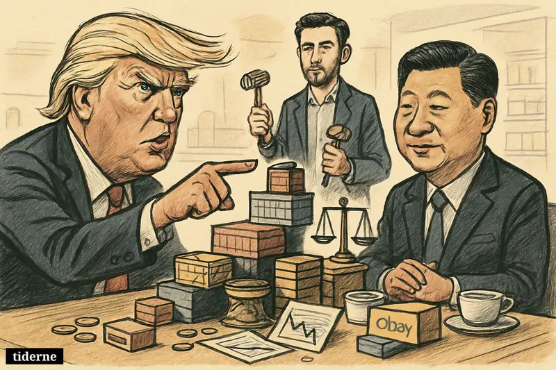 Trump and Xi face off at a summit table while Ryan Cohen stands between trade props, market symbols, retail items, and a passenger jet.