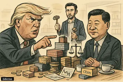 Trump and Xi face off at a summit table while Ryan Cohen stands between trade props, market symbols, retail items, and a passenger jet.