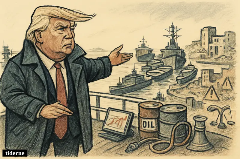 Caricature of Donald Trump on a naval deck directing a Hormuz blockade, with tankers, warships, energy props, and conflict symbols behind him.