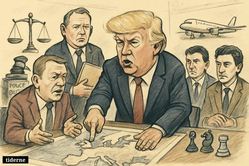 Caricature of Trump, Løkke, Troels Lund, Zapatero, and Patrick Bruel around a tense briefing table with justice symbols, airplane, and geopolitical props.