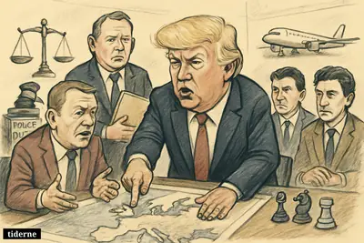 Caricature of Trump, Løkke, Troels Lund, Zapatero, and Patrick Bruel around a tense briefing table with justice symbols, airplane, and geopolitical props.