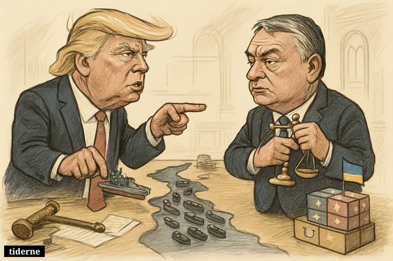 Caricature of Donald Trump and Viktor Orbán confronting each other over a strait map, with tankers, EU aid crates, legal symbols, and Ukraine references.