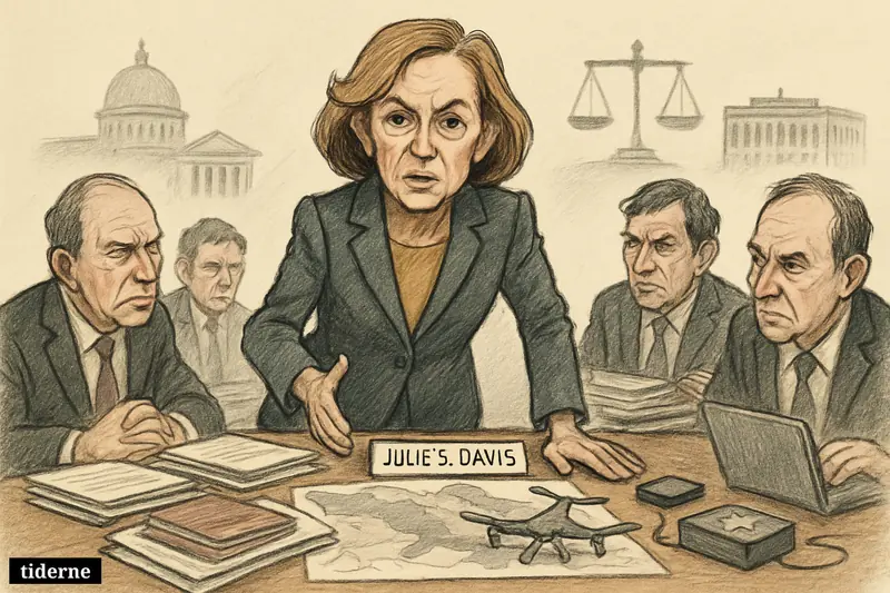 Julie S. Davis leads a tense negotiation table surrounded by politicians, maps, and dual-use technology props tied to war and government power.