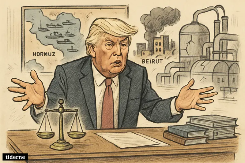 Donald Trump at a desk as crises surround him: Hormuz tension, Beirut smoke, broken carbon-capture pipes, motorway repairs, and legal symbols.