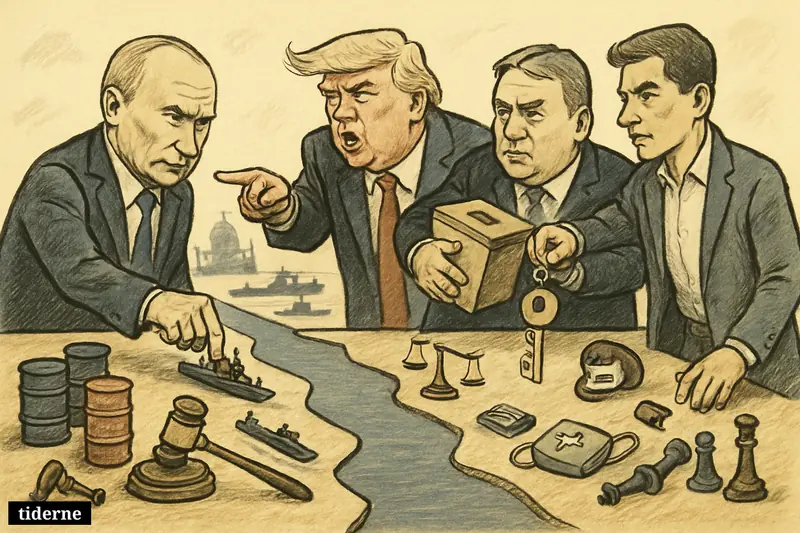 Caricature of Putin, Trump, Orbán, and Péter Magyar around a strait-shaped table with warships, ballots, oil barrels, and justice symbols.