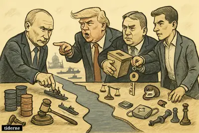 Caricature of Putin, Trump, Orbán, and Péter Magyar around a strait-shaped table with warships, ballots, oil barrels, and justice symbols.