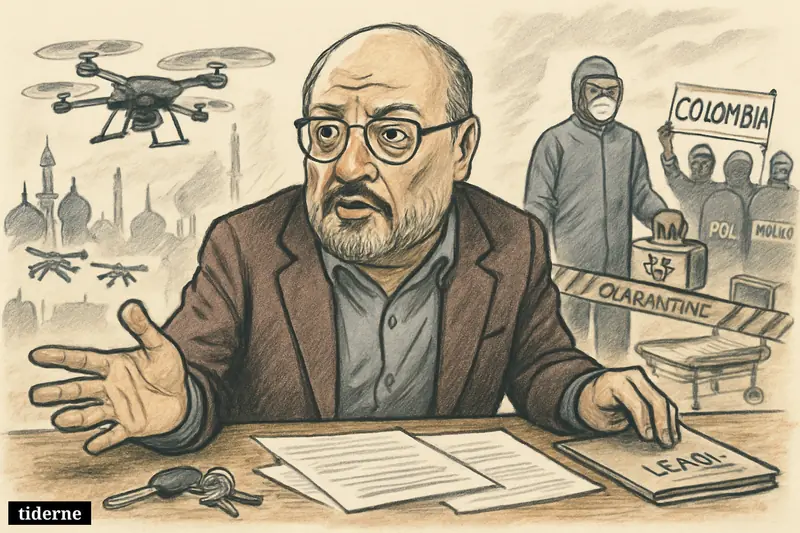 Caricature of Jamal Khashoggi at a desk, surrounded by drones, Ebola response, street unrest, and private leasing props.