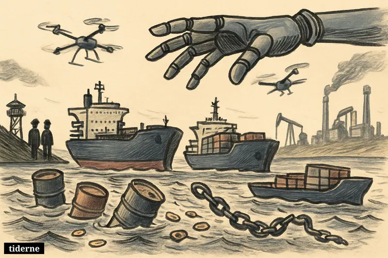 Crowded tankers in the Strait of Hormuz, surrounded by oil, military threats, refinery symbols, and looming AI machines.
