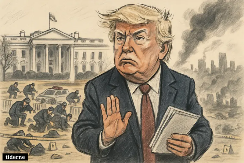 Donald Trump stands tensely before a secured White House scene, with agents, barricades, and distant signs of war linked to Kyiv.