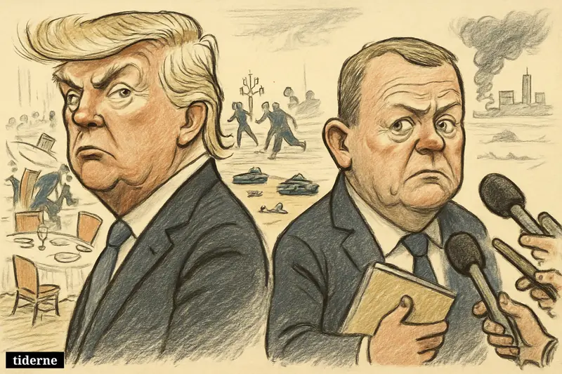 Caricatures of Donald Trump and Lars Løkke Rasmussen amid a chaotic press-dinner scene, political pressure, and background hints of war and international unrest.