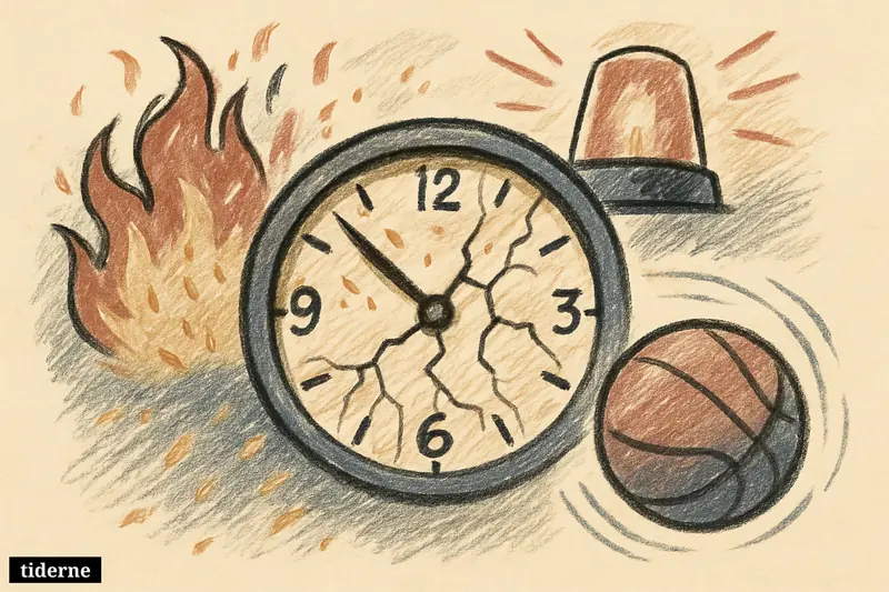 Cracked black clock face glowing with red embers, blue siren haze, and a lone metallic football on dark background (AI-genereret illustration)