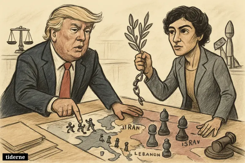 Trump and Narges Mohammadi face off over a strategy table with Europe, toy soldiers, Middle East chess pieces, and justice symbols.