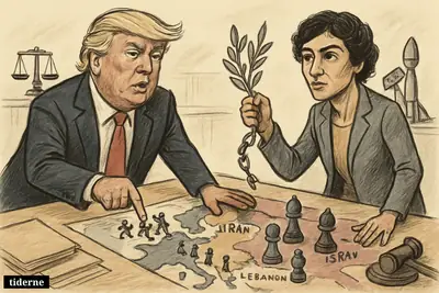Trump and Narges Mohammadi face off over a strategy table with Europe, toy soldiers, Middle East chess pieces, and justice symbols.