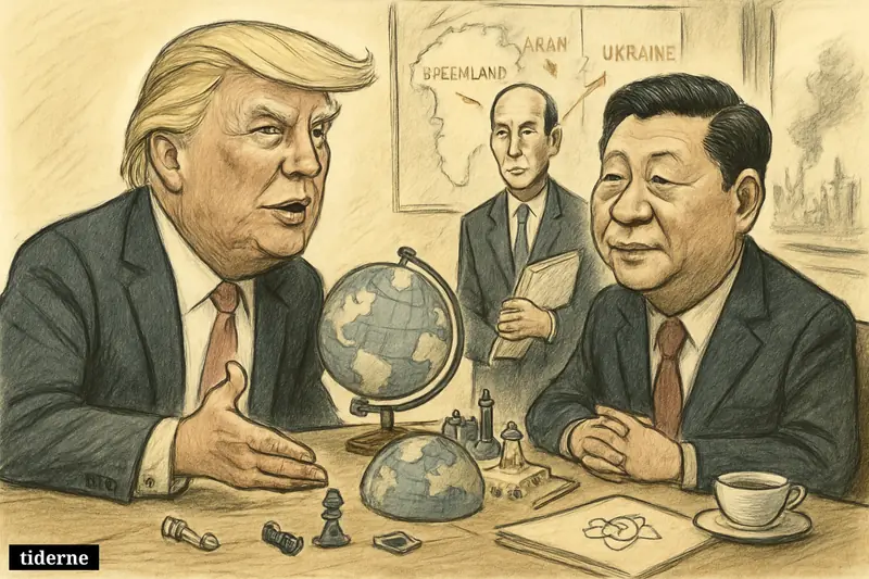 Trump and Xi face off at a summit table while David Malpass stands behind them, with Arctic, Iran, and Ukraine crisis symbols around.