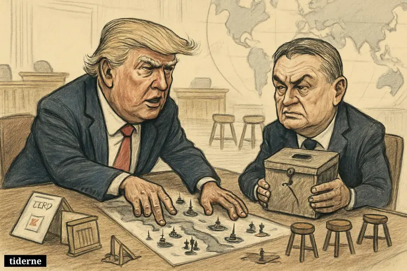 Trump and Orbán caricatures sit at a tense strategy table with warships, legal scales, election props, and signs of fragile global political control.