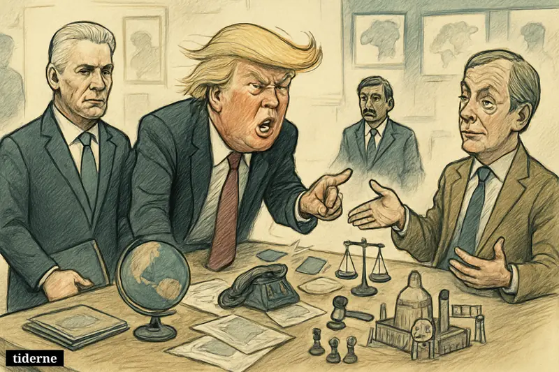 Caricature of Trump, Díaz-Canel, and Farage around a crisis table with diplomatic props, security symbols, and a tense international war-room setting.