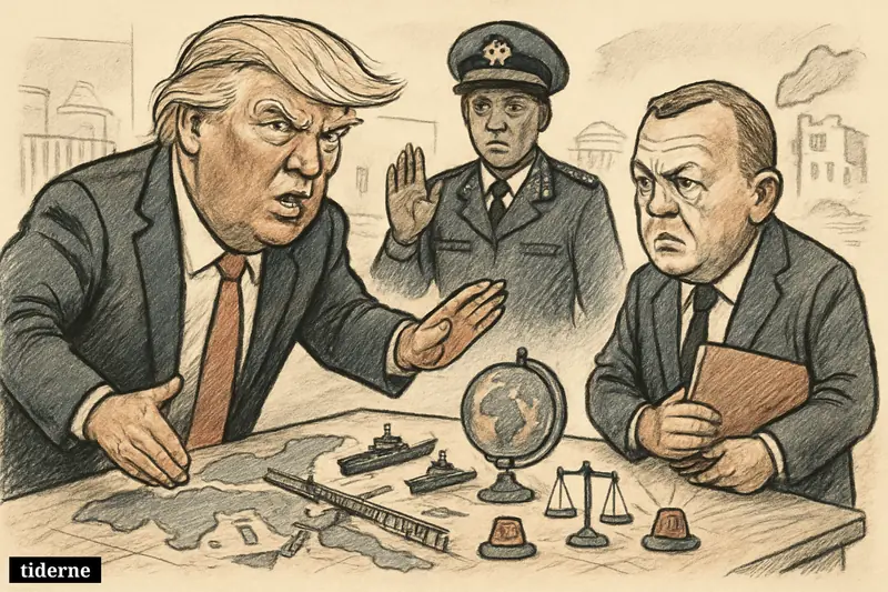 Caricatures of Donald Trump, Lars Løkke Rasmussen, and Fannie Masemola around a crisis table with security, regulation, and infrastructure symbols.