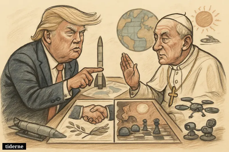 Caricature of Donald Trump and Pope Leo XIV at a tense table, balancing negotiation, war technology, and climate anxiety.