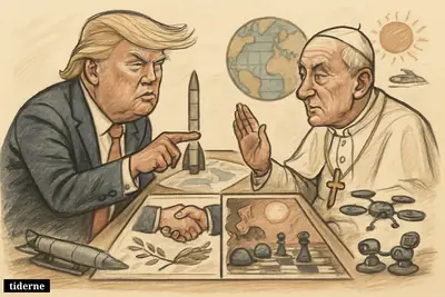 Caricature of Donald Trump and Pope Leo XIV at a tense table, balancing negotiation, war technology, and climate anxiety.