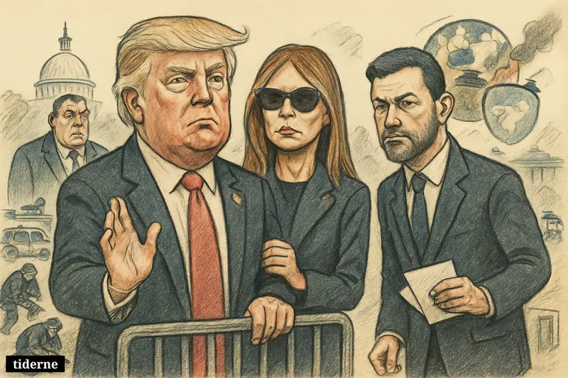 Caricature of Trump, Melania, Jimmy Kimmel, and Mordasjov amid Washington security chaos and global conflict symbols.
