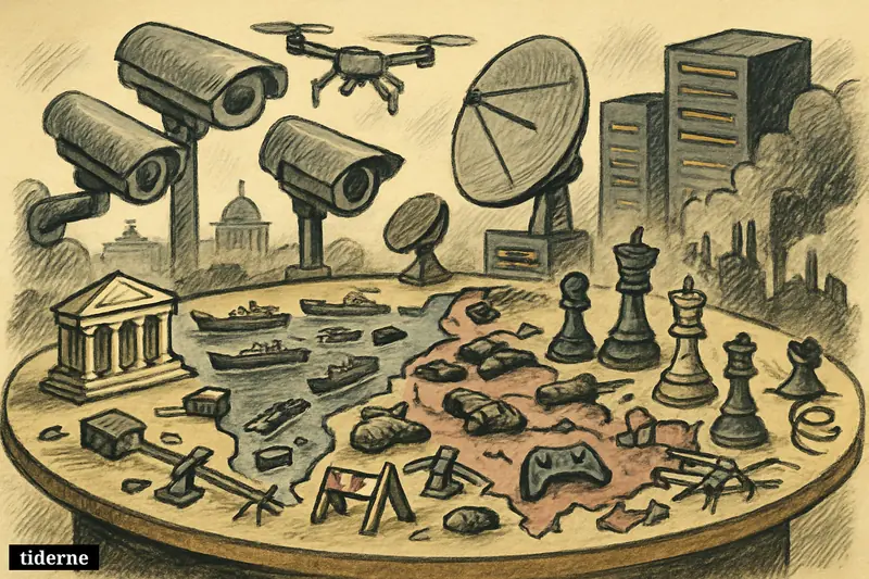 A crowded global crisis room with maps, ships, war debris, surveillance gear, broken phones, utility infrastructure, and accident barriers around a central table.