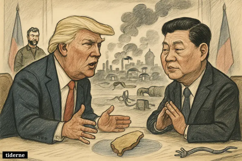 Trump and Xi face off over Taiwan at a meeting table while Zelensky stands aside before a threatened Kyiv skyline and damaged energy infrastructure.