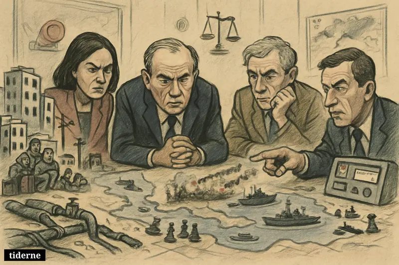 A wide caricature crisis room shows oil routes, border conflict, damaged infrastructure, civilians in danger, and multiple war fronts converging.