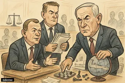 Caricature of Lars Løkke Rasmussen, Troels Lund Poulsen, and Benjamin Netanyahu in a tense political room filled with unstable systems and scattered documents.