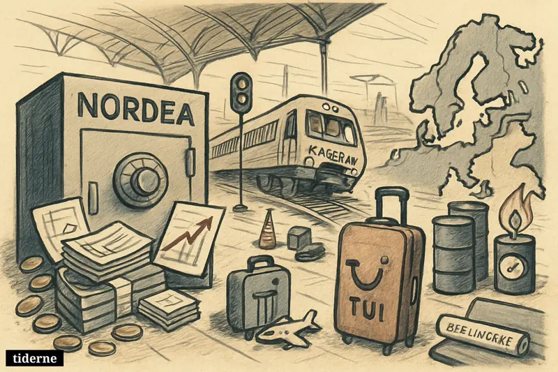 A caricature scene shows Nordea’s strong results beside a derailed train, anxious energy symbols, and cautious travel props in a station setting.