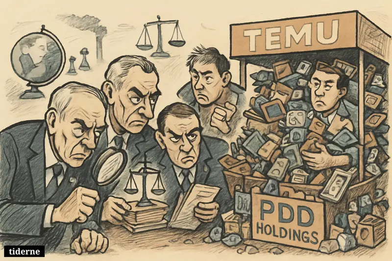 EU regulators inspect an overflowing Temu-style market stall as symbols of war, sanctions, and climate pressure sit in the background.